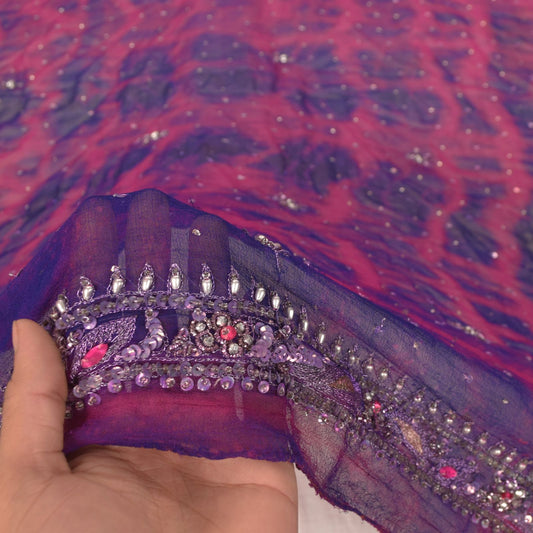 Sanskriti Vintage Purple-Blue Pure Georgette Dupatta Tie-Dye Hand Bead Zari Veil