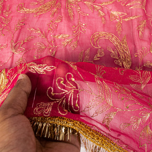 Sanskriti Vintage Pink Soft Pure Chiffon Dupatta Stole Hand Embroidery Zari Veil