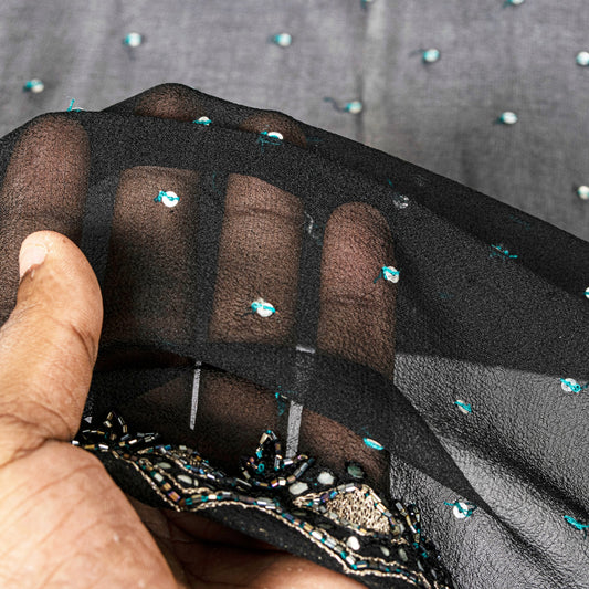 Sanskriti Vintage Black Pure Georgette Silk Dupatta Stole Hand Beaded Scarf Veil