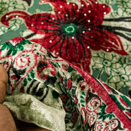 Sanskriti Vintage Green-Red Soft Velvet Dupatta Stole Floral Printed India Scarf