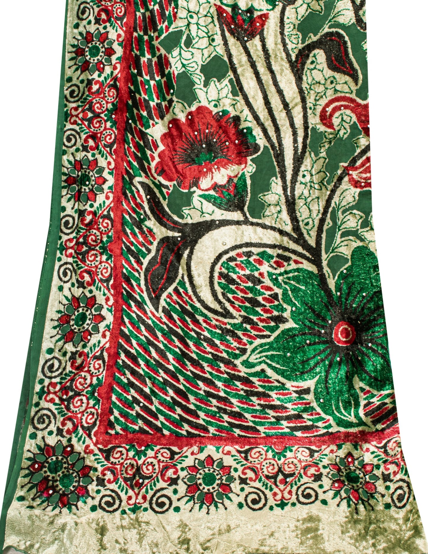 Sanskriti Vintage Green-Red Soft Velvet Dupatta Stole Floral Printed India Scarf