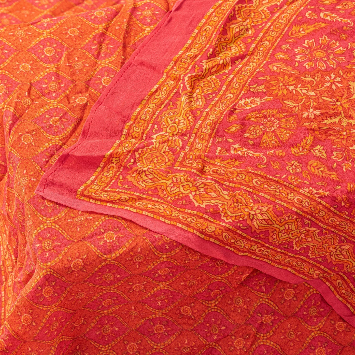 Sanskriti Vintage Orange-Pink Pure Crepe Silk Dupatta Stole Floral Printed Scarf