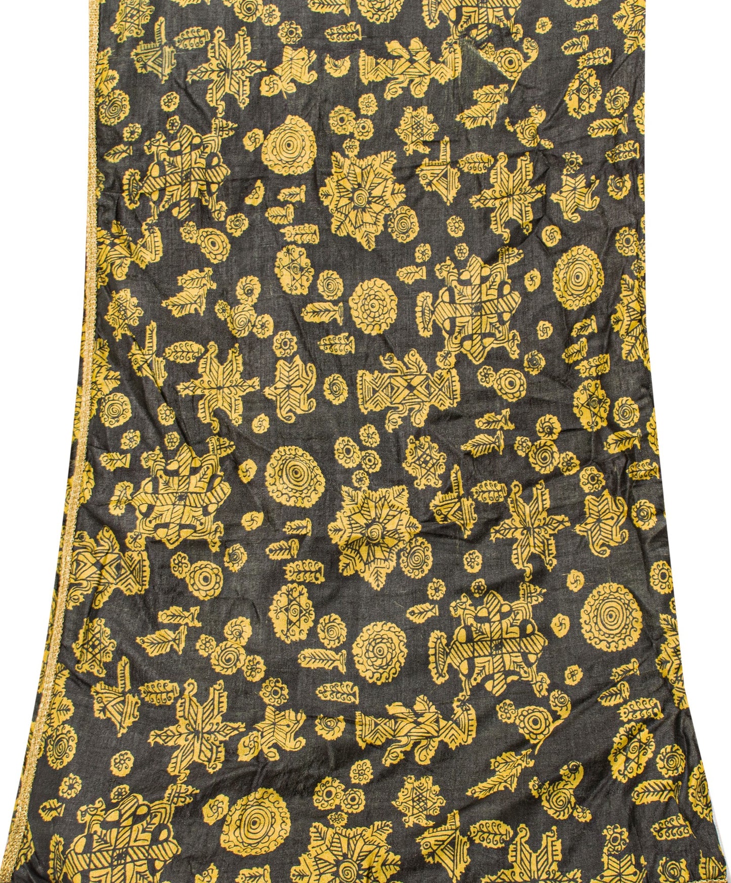 Sanskriti Vintage Yellow-Black Pure Silk Dupatta Stole Saura Tribal Art Odisha