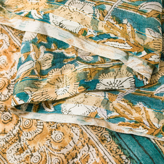 Sanskriti Vintage Sea-Green Cotton Silk Dupatta Hand Block Kalamkari Stole Scarf