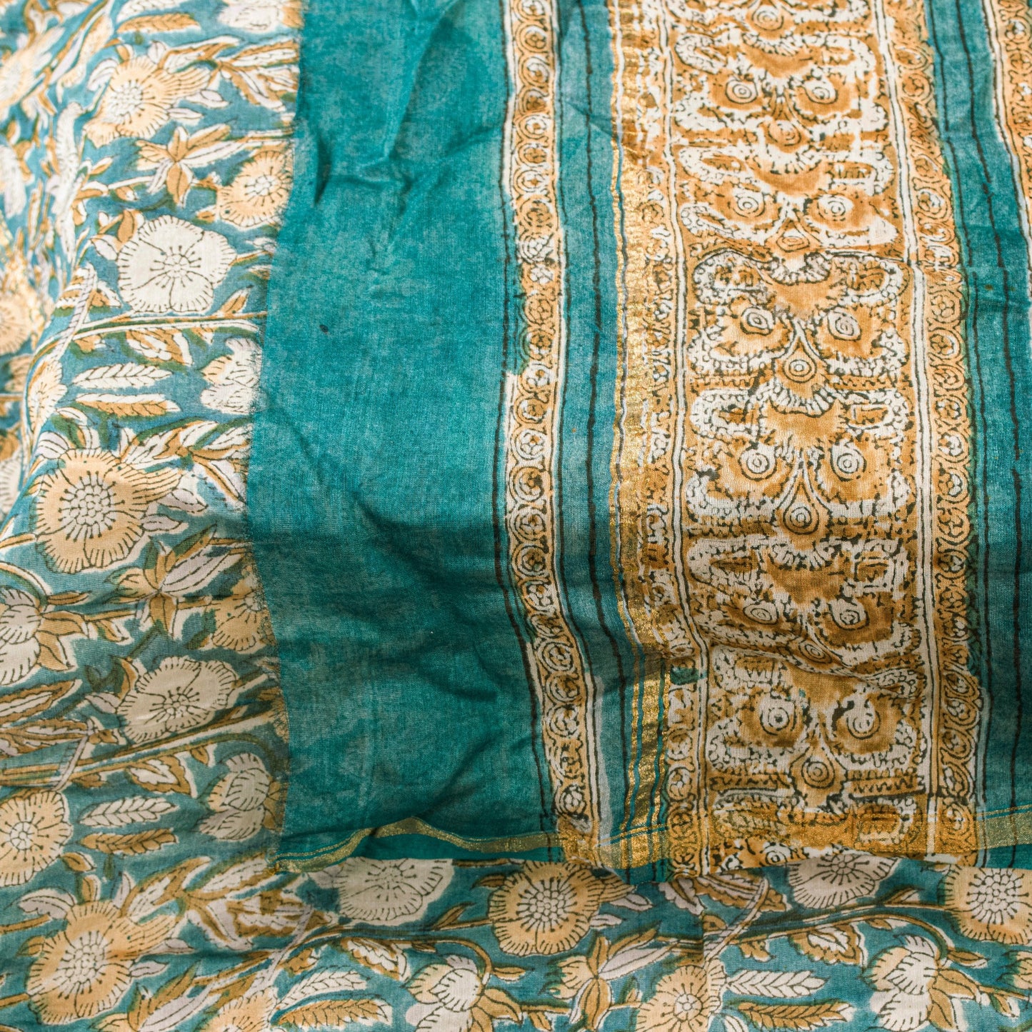 Sanskriti Vintage Sea-Green Cotton Silk Dupatta Hand Block Kalamkari Stole Scarf