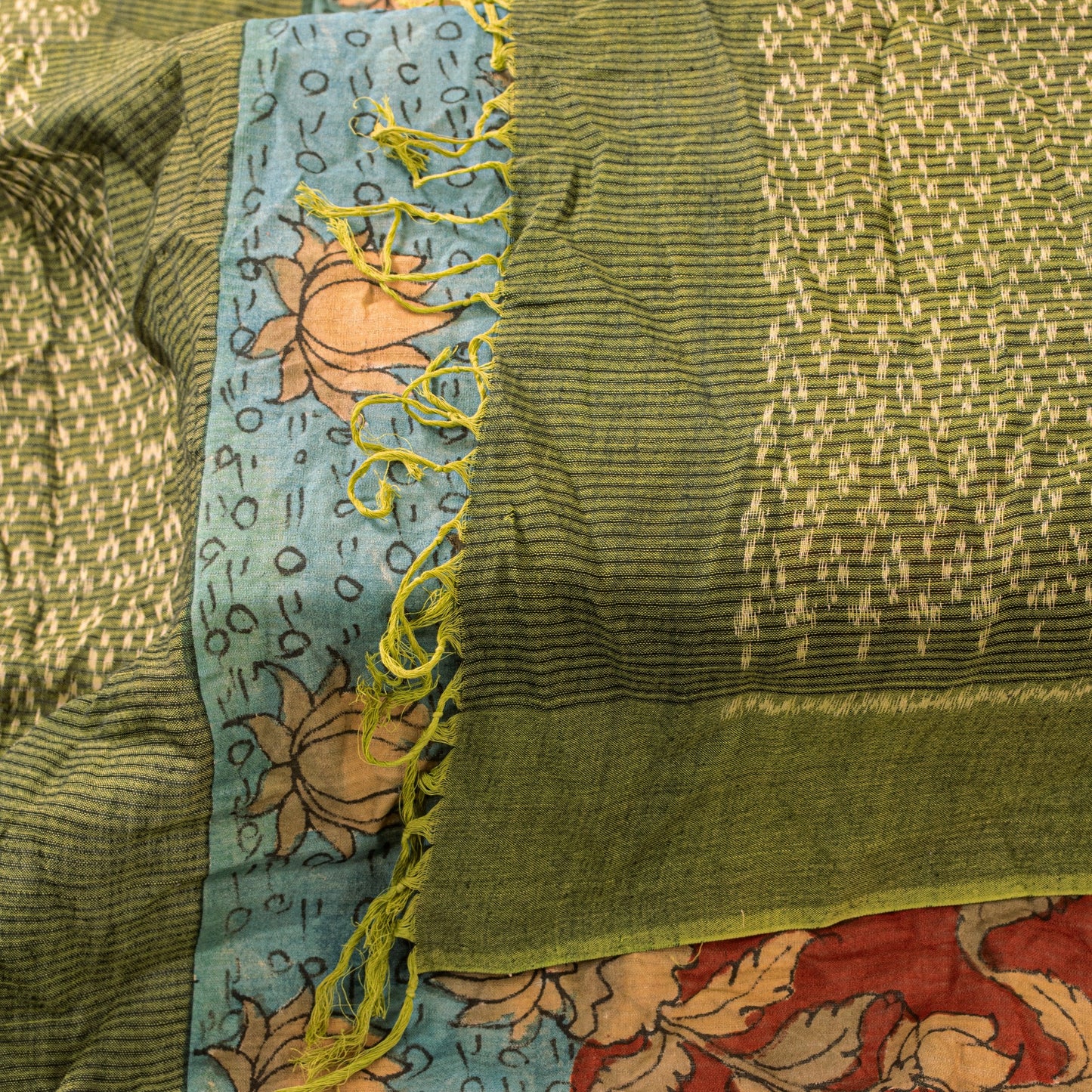 Sanskriti Vintage Red Pure Cotton Dupatta Stole Shrikalhasti Kalamkari Ikat Veil