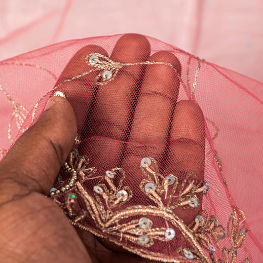 Sanskriti Vintage Pink Net Mesh Dupatta Stole Hand Embroidered Zari Dabka Scarf