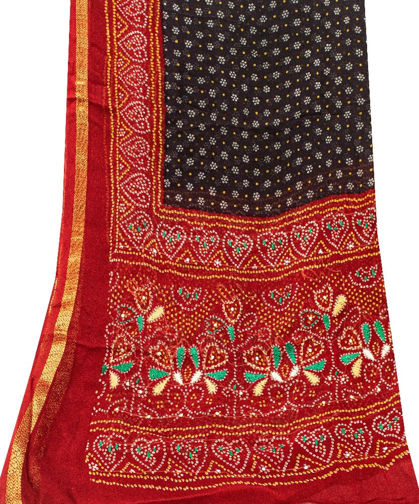 Sanskriti Vintage Black-Red Pure Georgette Dupatta Bandhani Print Embroidered