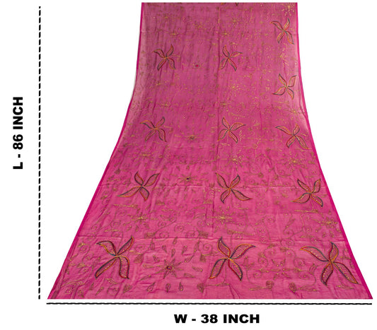 Sanskriti Vintage Dupatta/Stole Pink Pure Chiffon Embroidered Zari Sequns Veil