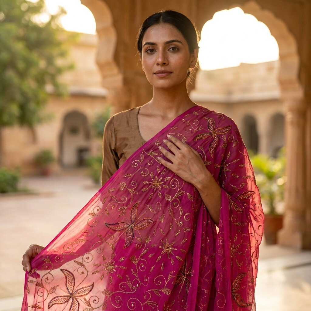 Sanskriti Vintage Dupatta/Stole Pink Pure Chiffon Embroidered Zari Sequns Veil