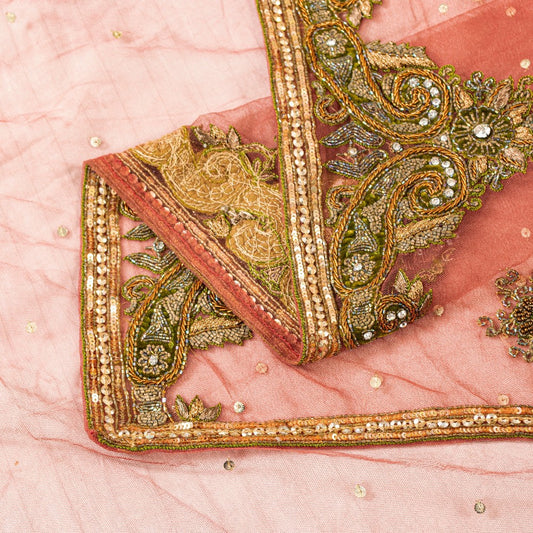 Sanskriti Vintage Peach Net Dupatta Long Stole Hand Beaded Zardozi Neck Scarves