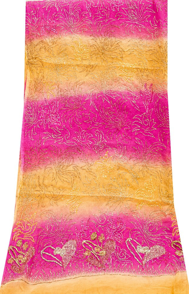Sanskriti Vintage Pink-Yellow Pure Chiffon Dupatta Hand Embroidery Zardozi Stole