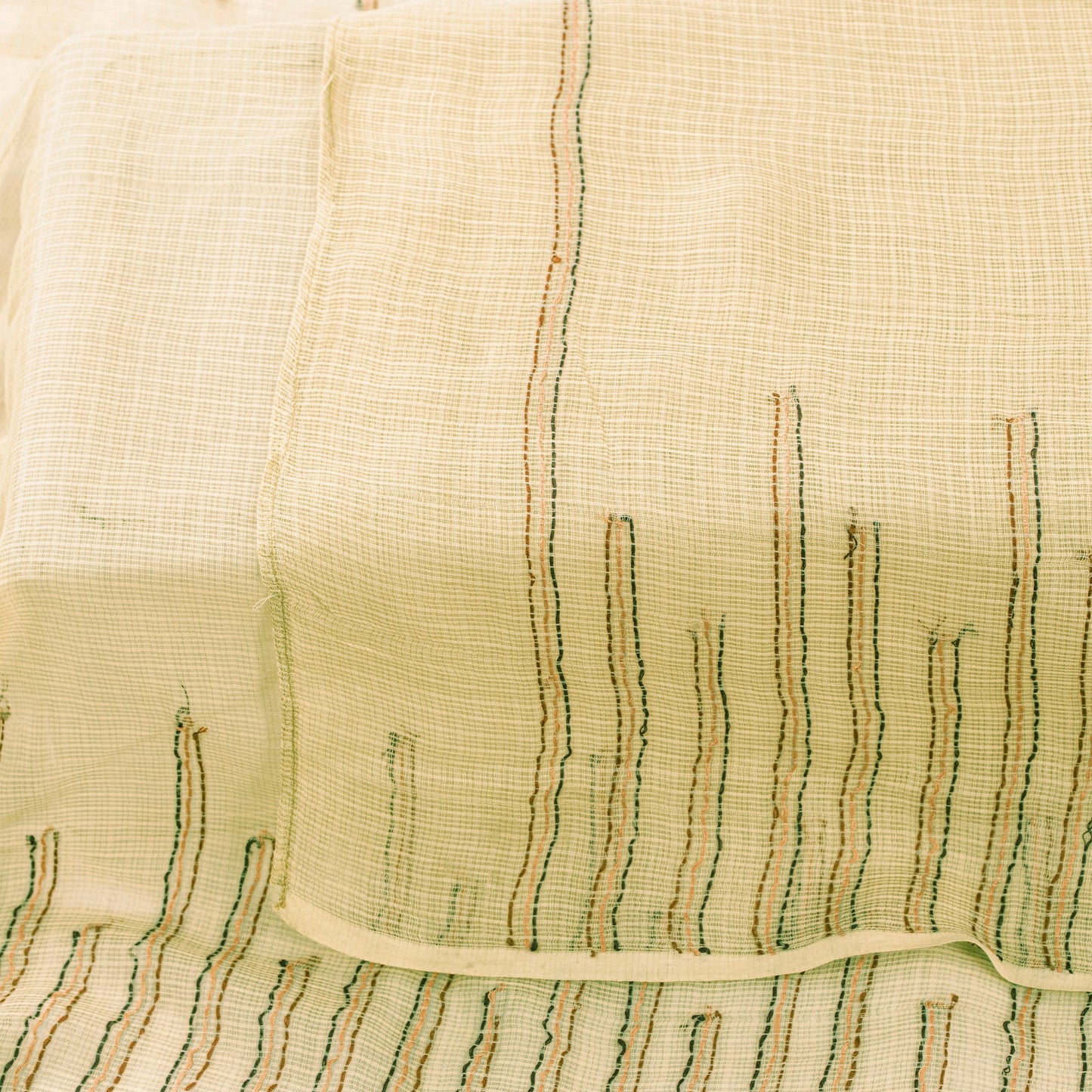 Sanskriti Vintage Cream Pure Cotton Kota Woven Dupatta Handmade Kantha Stole