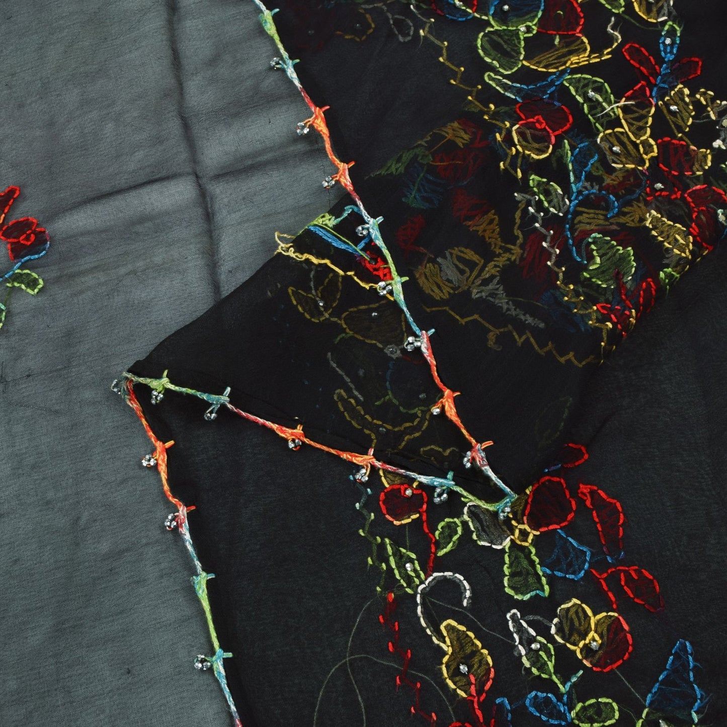 Sanskriti Vintage Black Pure Georgette Silk Dupatta Hand Embroidery Kantha Stole