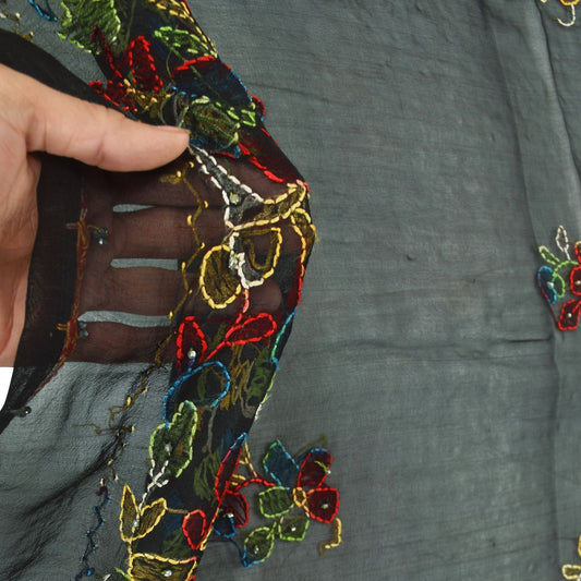 Sanskriti Vintage Black Pure Georgette Silk Dupatta Hand Embroidery Kantha Stole