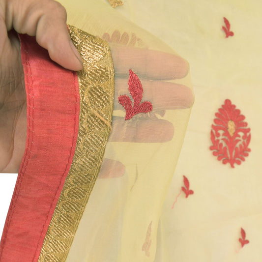 Sanskriti Vintage Yellow Pure Chiffon Silk Dupatta Embroidered Floral Stole Veil