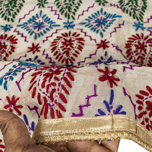Sanskriti Vintage White Soft Art Silk Dupatta Stole Handembroidery Phulkari Veil