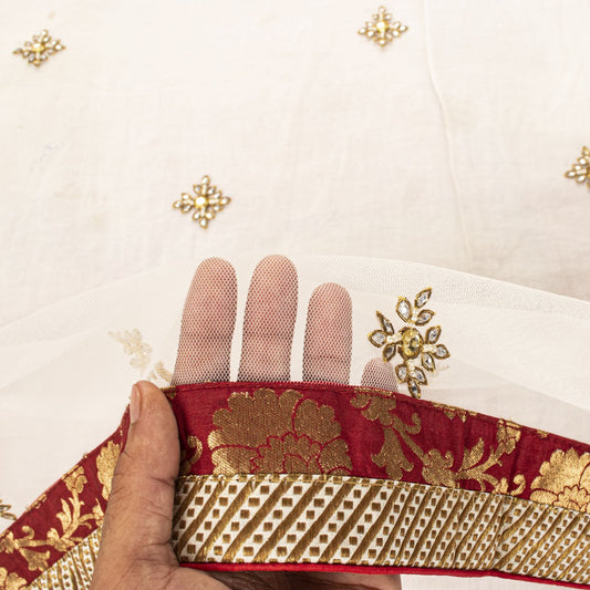 Sanskriti Vintage White Net Dupatta Stole Hand Embroidered Zardozi Dabka Veil