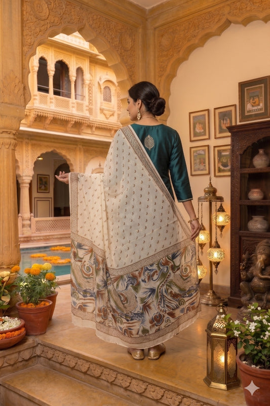 Sanskriti Vintage Dupatta Stole Cream Pure Georgette Silk Floral Printed Veil