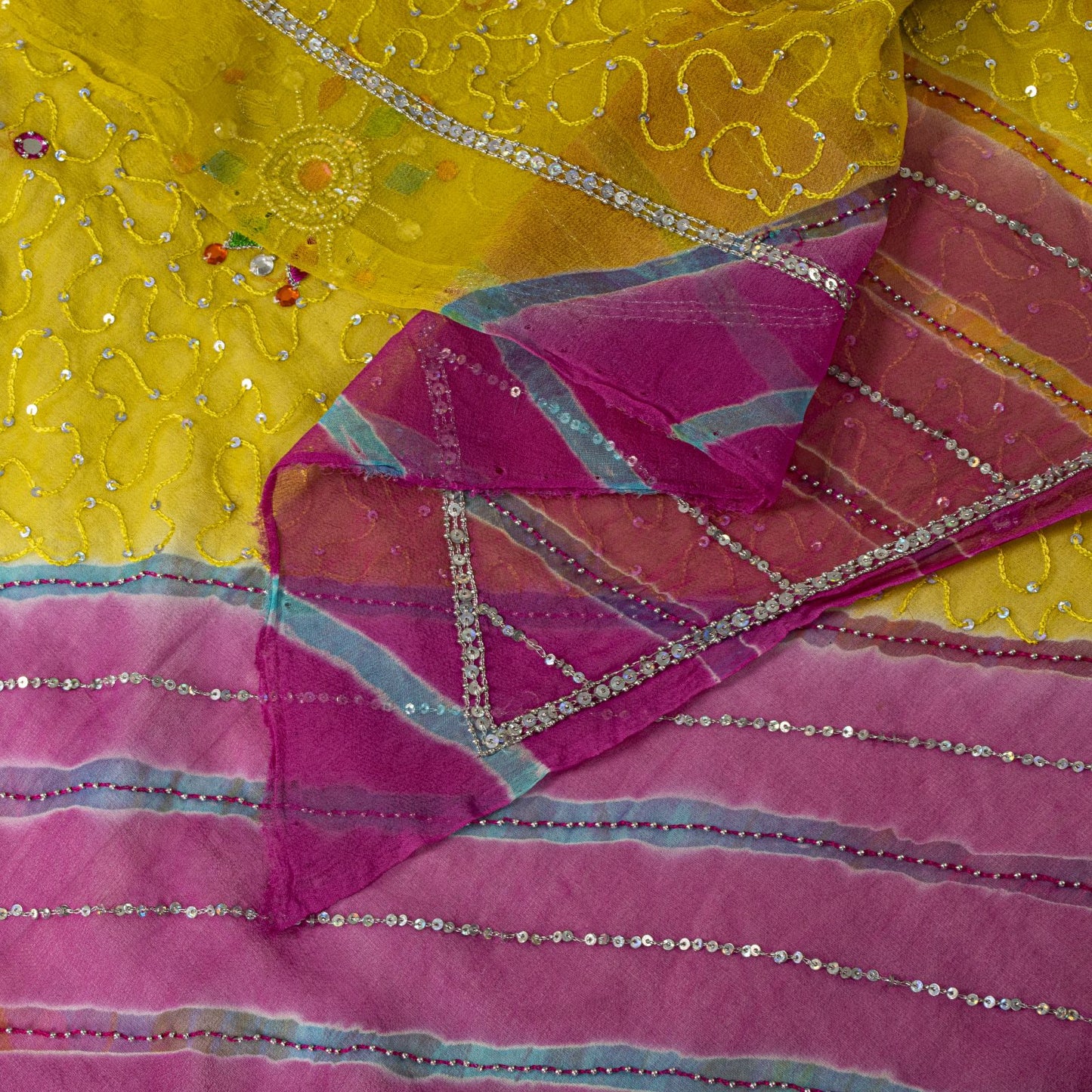 Sanskriti Vintage Yellow-Pink Pure Georgette Dupatta Stole Hand Beaded Wrap Veil