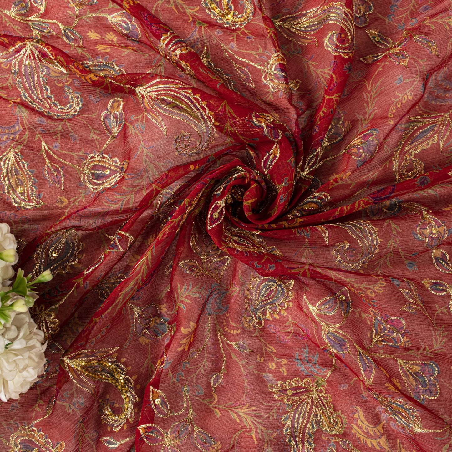 Sanskriti Vintage Red Pure Chiffon Silk Dupatta Stole Embroidered Zari Sequins