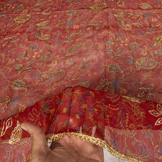 Sanskriti Vintage Red Pure Chiffon Silk Dupatta Stole Embroidered Zari Sequins