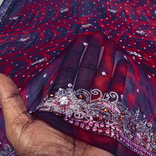 Sanskriti Vintage Dupatta Stole Blue-Red Pure Chiffon Tie-Dye & Hand Embroidered