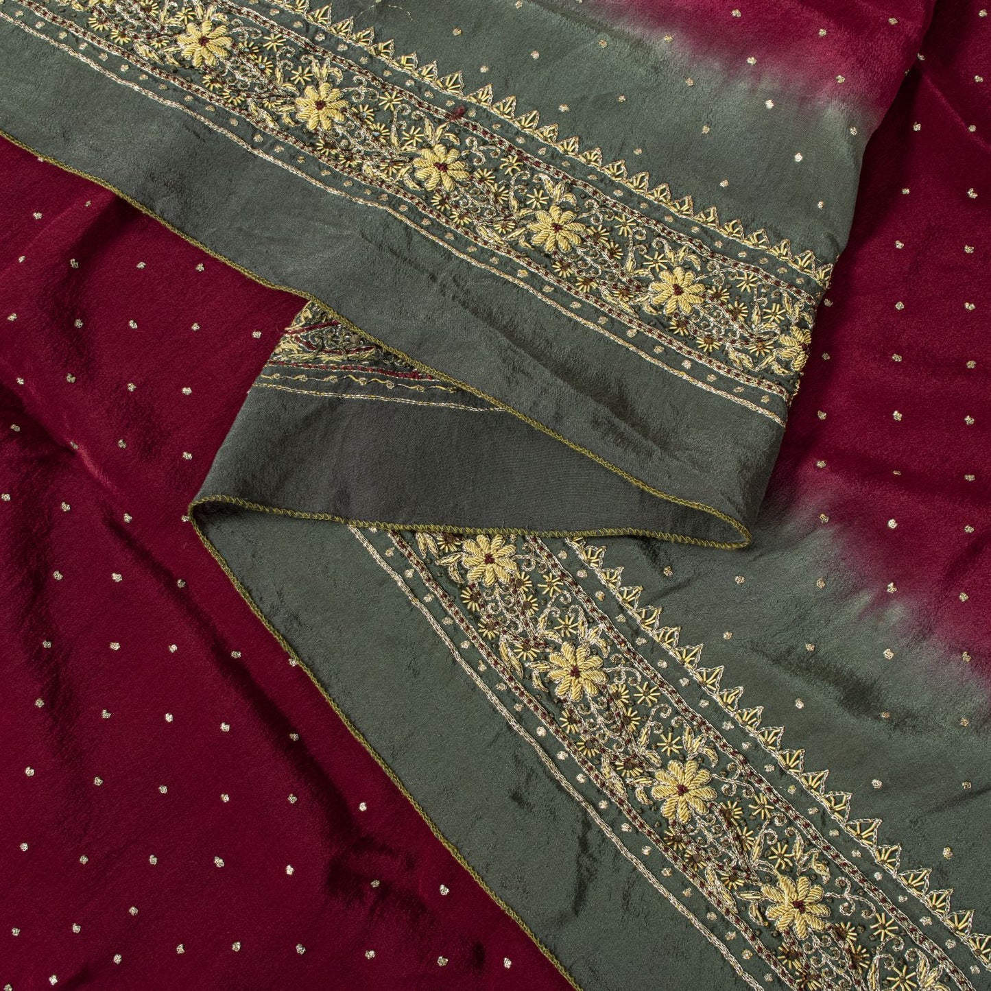 Sanskriti Vintage Dark Red Pure Crepe Silk Dupatta Stole Hand Embroidery Zardozi