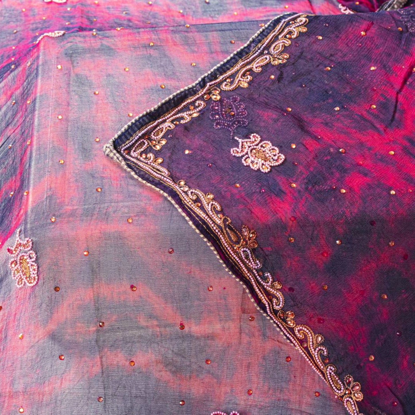 Sanskriti Vintage Blue Pure Chiffon Silk Dupatta Stole Tie-Dye-Hand Beaded Veil