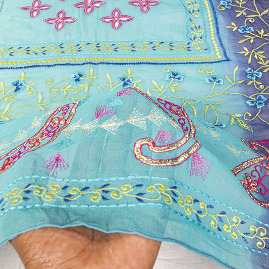 Sanskriti Vintage Blue-Pink Pure Georgette Dupatta/Stole Embroidery Wedding Veil