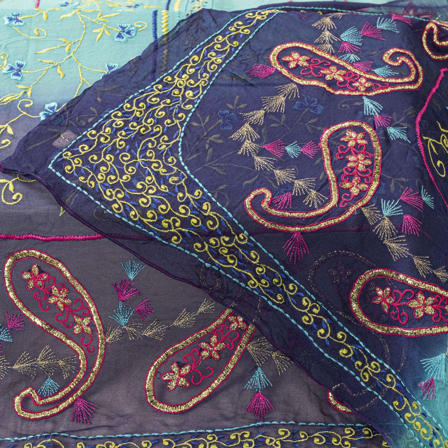 Sanskriti Vintage Blue-Pink Pure Georgette Dupatta/Stole Embroidery Wedding Veil