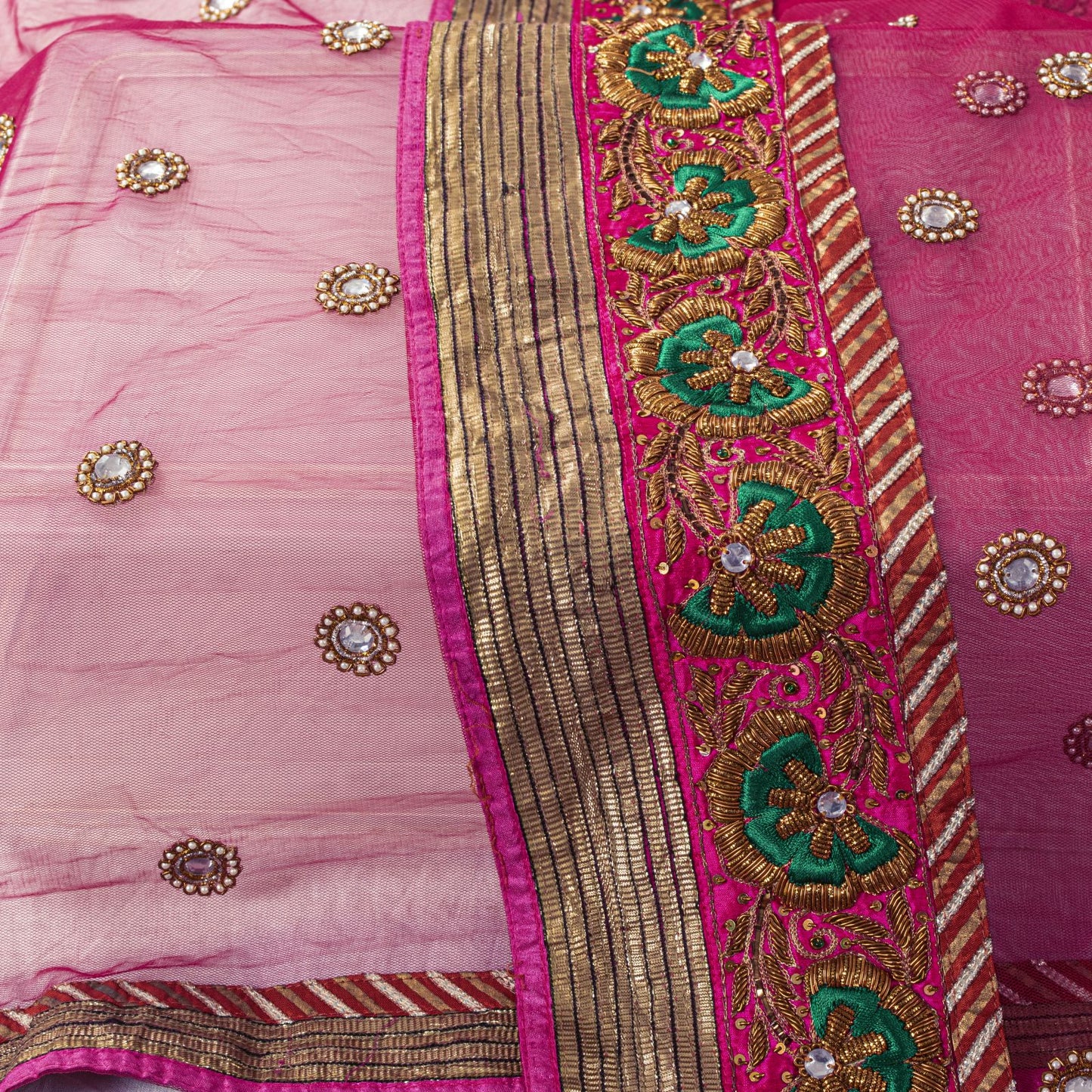 Sanskriti Vintage Pink Net Dupatta/Stole Hand Embroidered Zardozi Indian Veil