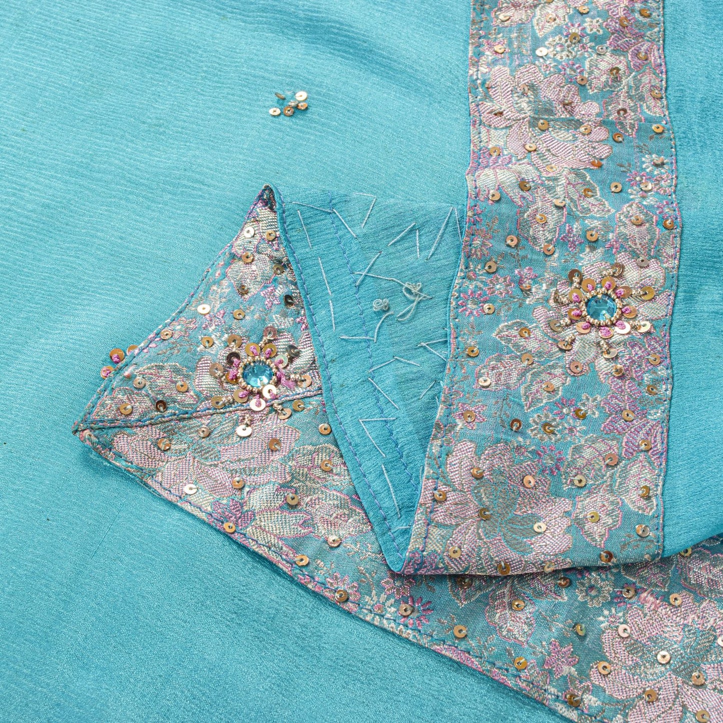 Sanskriti Vintage Blue 100%Pure Silk Dupatta/Stole Hand Beaded Wedding Soft Veil