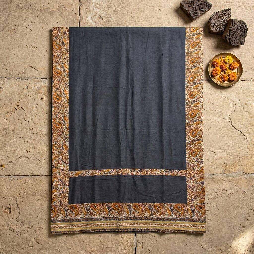 Sanskriti Vintage Blue Pure Georgette Dupatta/Stole Hand Block Kalamkari Patch
