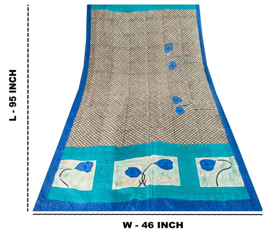 Sanskriti Vintage White-Blue Pure Silk Dupatta/Stole Floral Printed Indian Veil