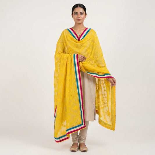 Sanskriti Vintage Dupatta/Stole Yellow Pure Georgette Hand Embroidery Chikankari