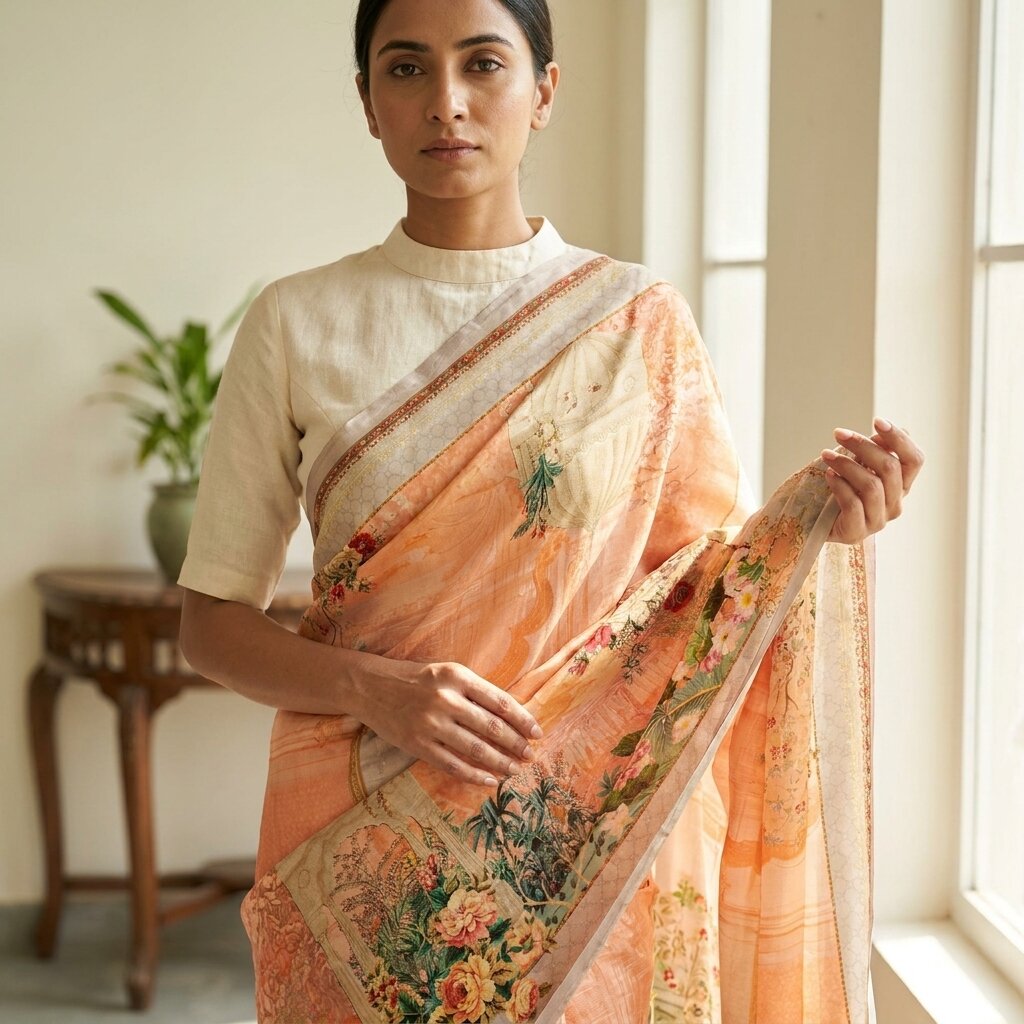 Sanskriti Vintage Peach Pure Silk Dupatta/Stole Digital Floral Floral Print Veil