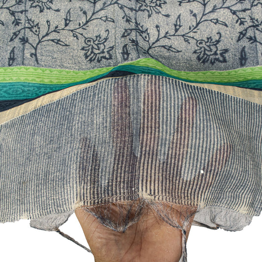 Sanskriti Vintage Gray Cotton Silk Dupatta/Stole Sanganeri Hand Block Print Veil