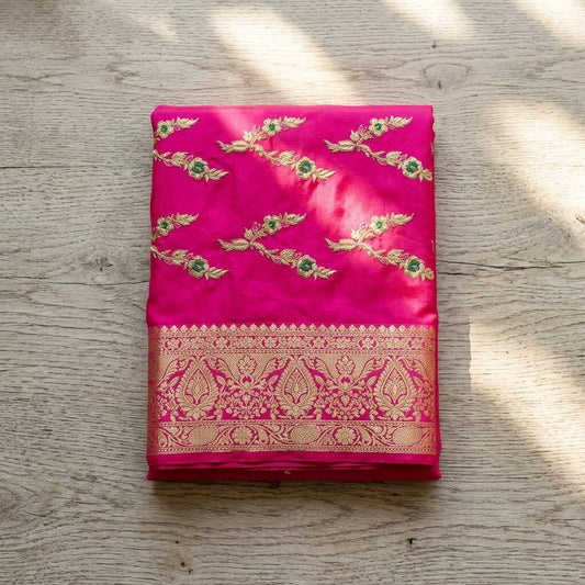 Sanskriti Vintage Pink Art Silk Dupatta Embroidered Floral Zari Border Stole DIY