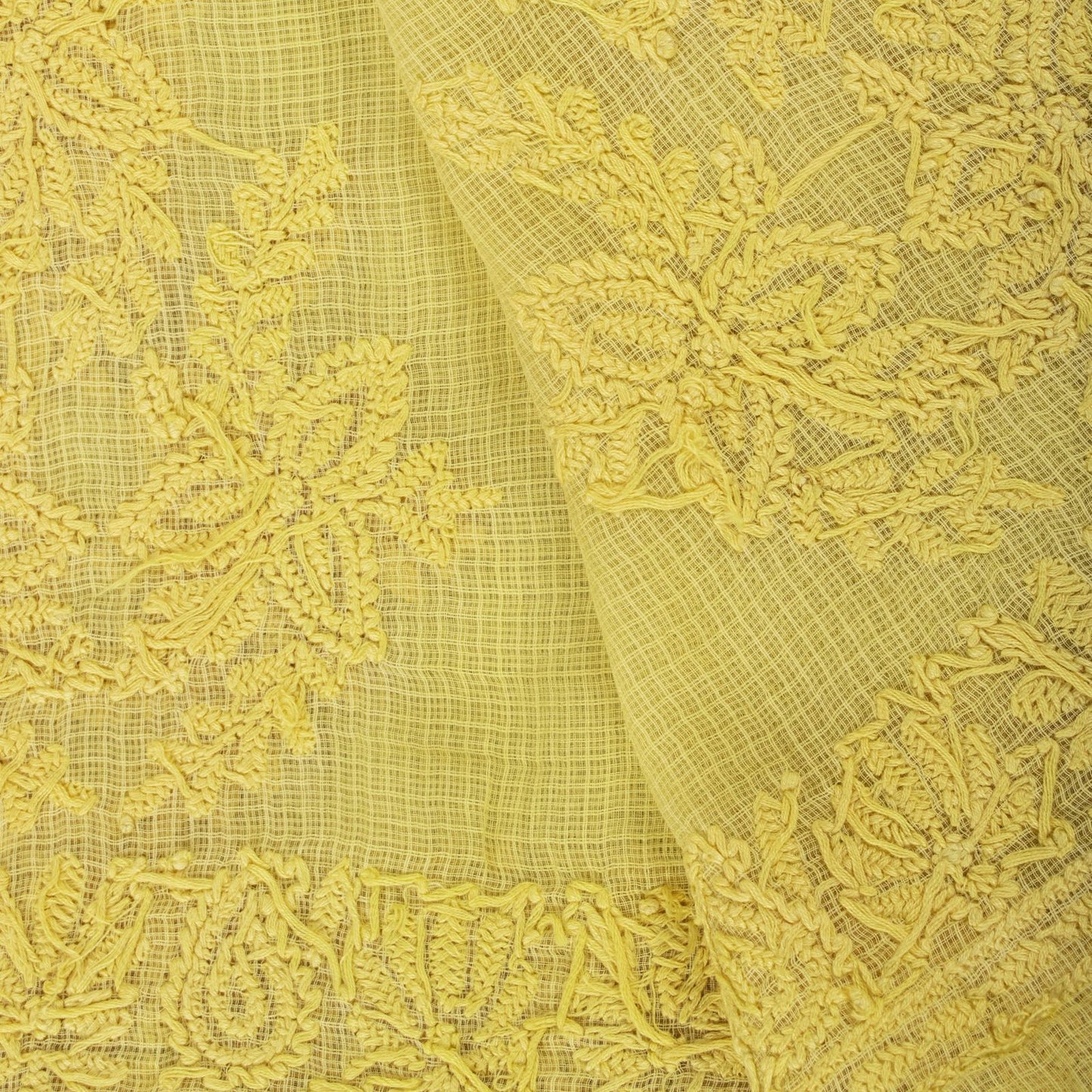 Sanskriti Vintage Yellow Pure Cotton Kota WovenDupatta/Stole Handmade Chikankari