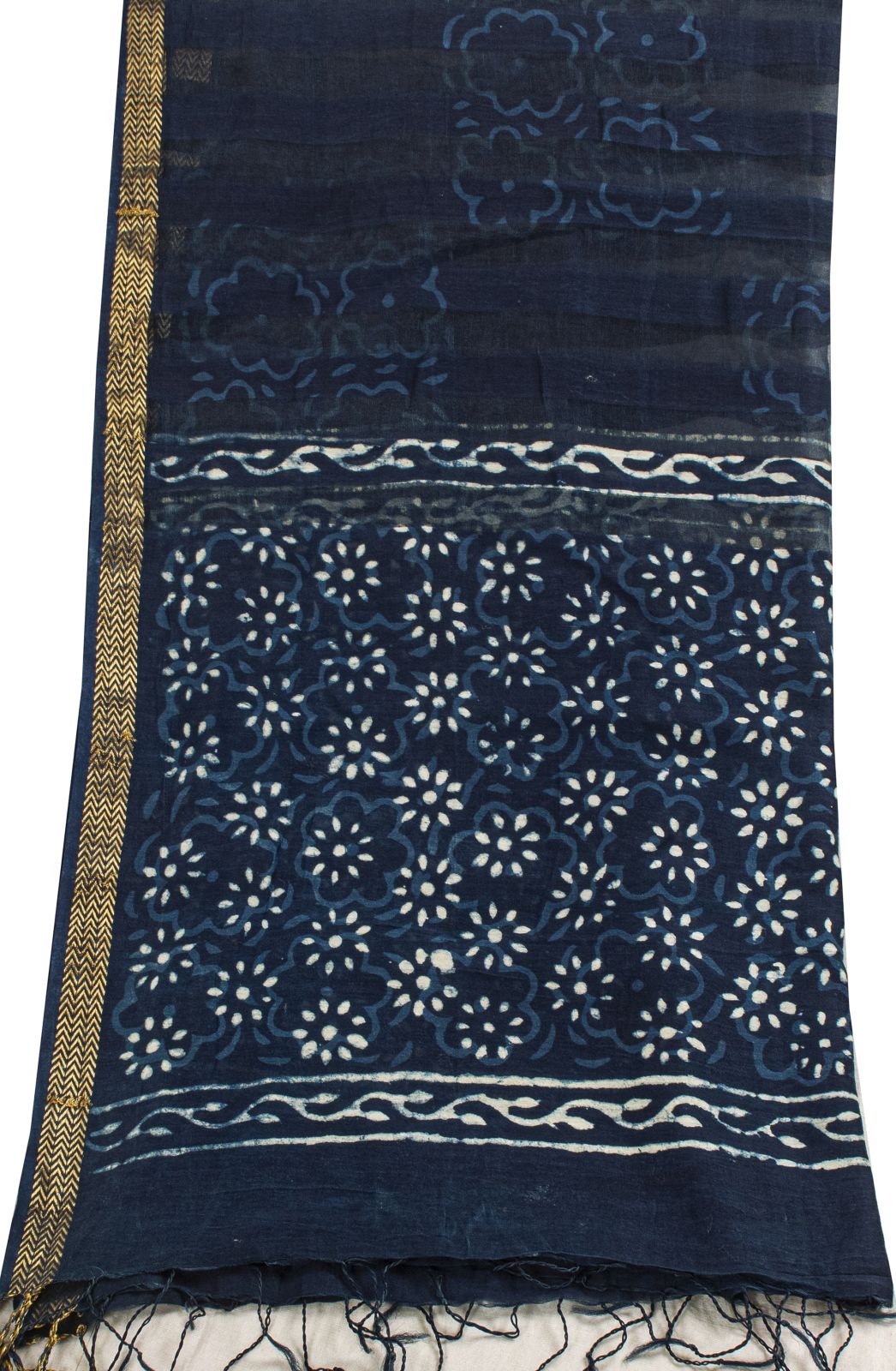 Sanskriti Vintage Dupatta/Stole Blue Cotton Silk Bagru Handblock Print Zari Veil