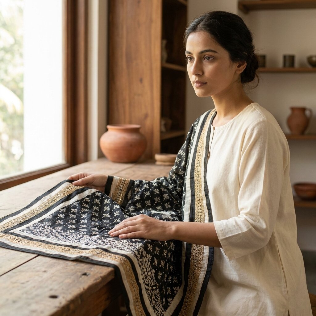 Sanskriti Vintage Dupatta/Stole Black Cotton Silk Hand Embroidered Chikankari