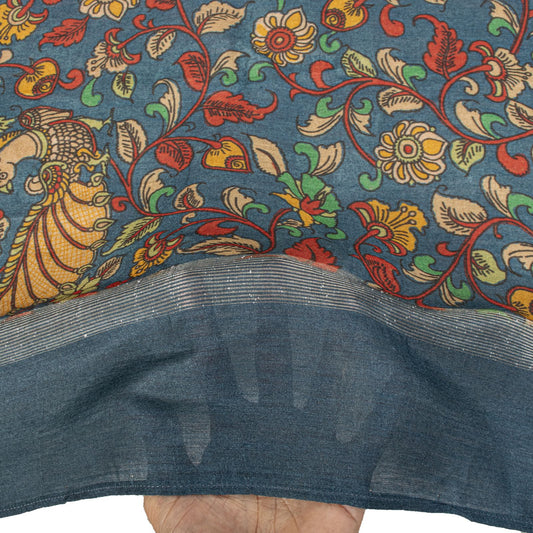 Sanskriti Vintage Dupatta/Stole Blue Pure Silk Handmade Kalamkari Peacock Veil