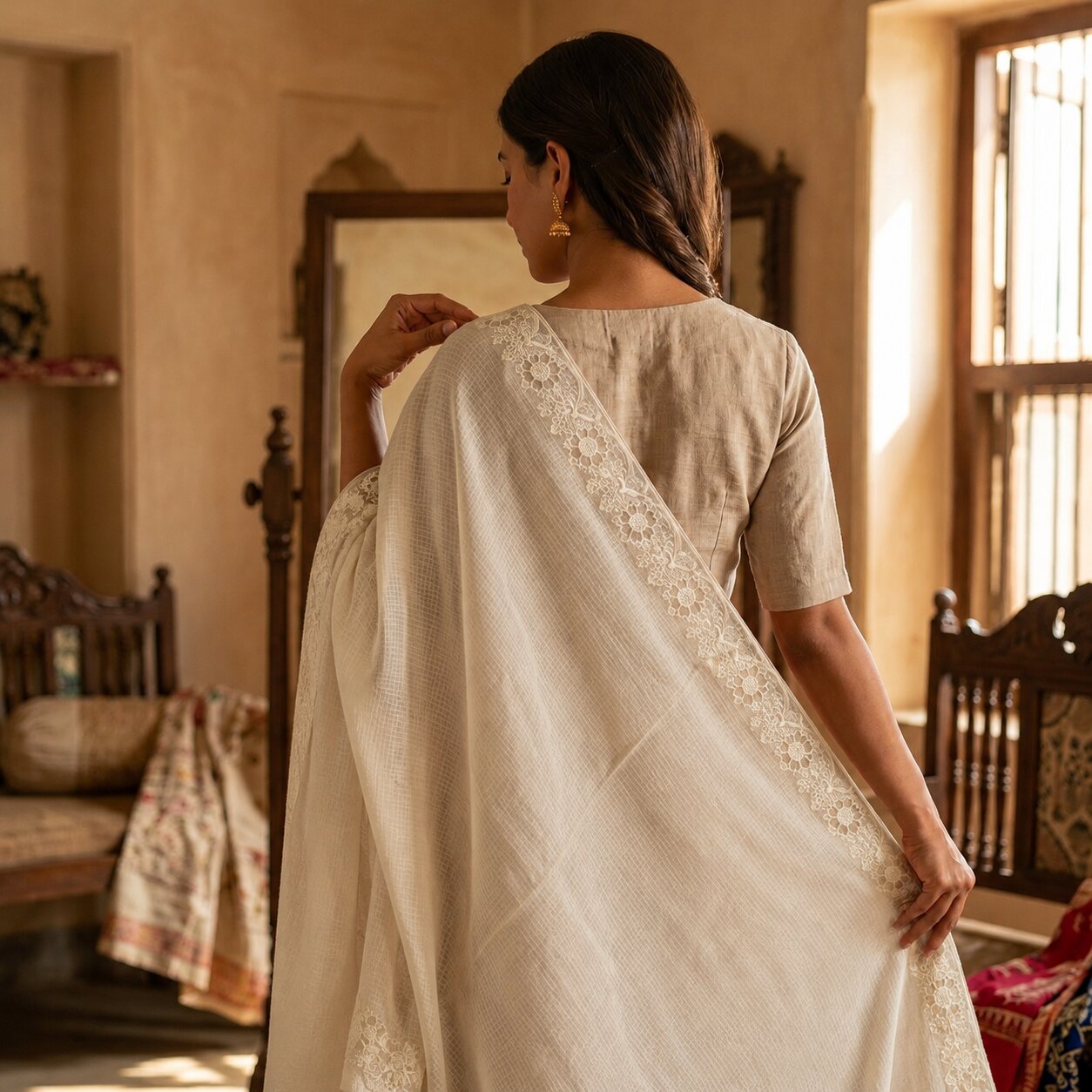 Sanskriti Vintage Dupatta/Stole White Blend Cotton Kota Woven-Embroidered Veil