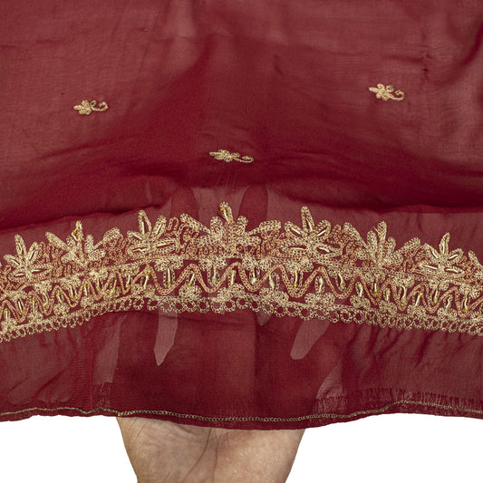 Sanskriti Vintage Dupatta/Stole Maroon Georgette Hand Embroidered Zardozi Veil