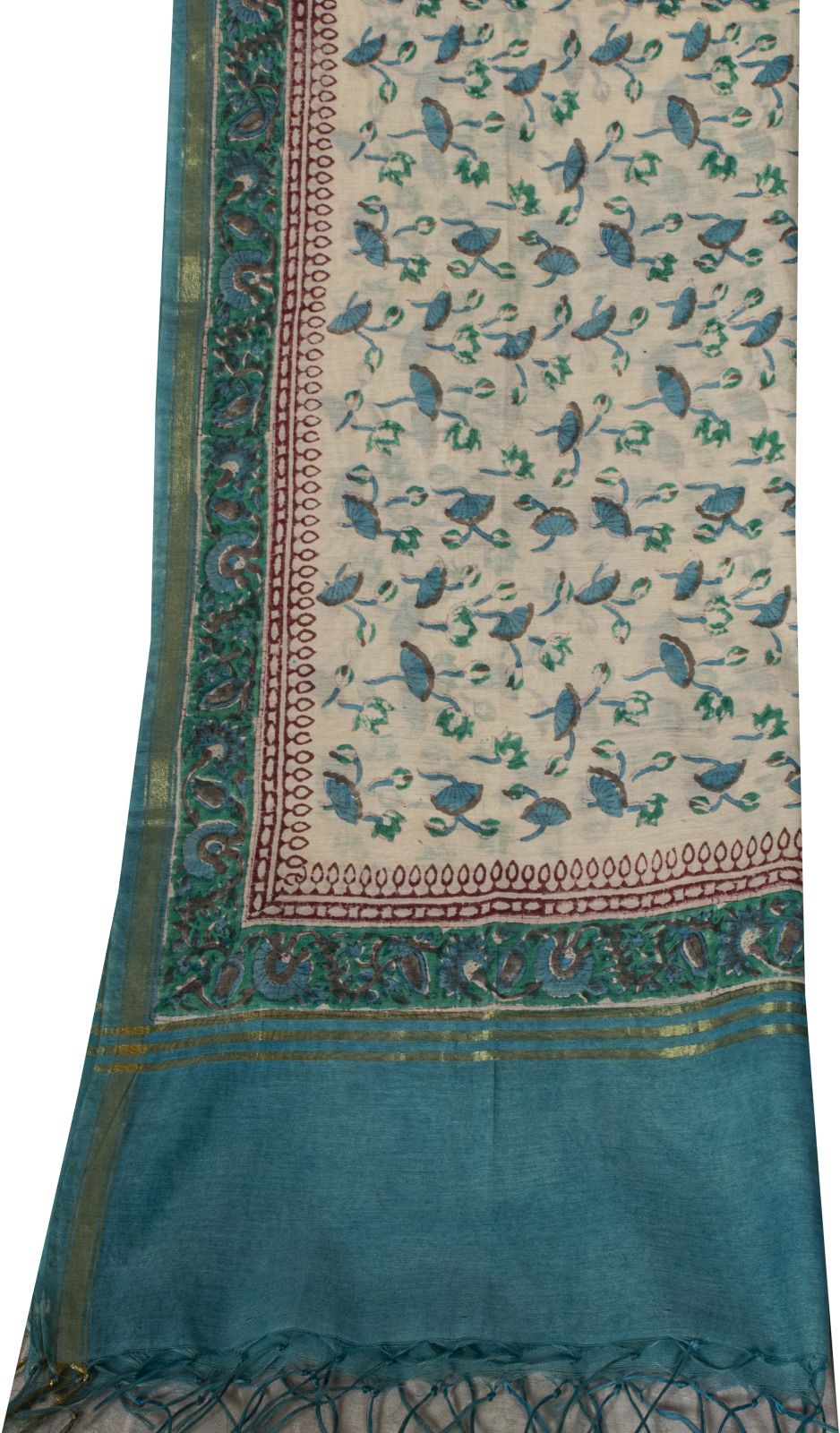 Sanskriti Vintage Chanderi Dupatta/Stole White Blend Cotton Sanganeri Hand Block