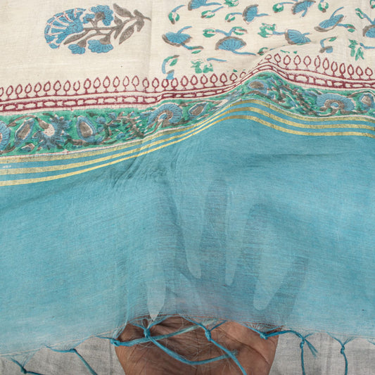 Sanskriti Vintage Chanderi Dupatta/Stole White Blend Cotton Sanganeri Hand Block