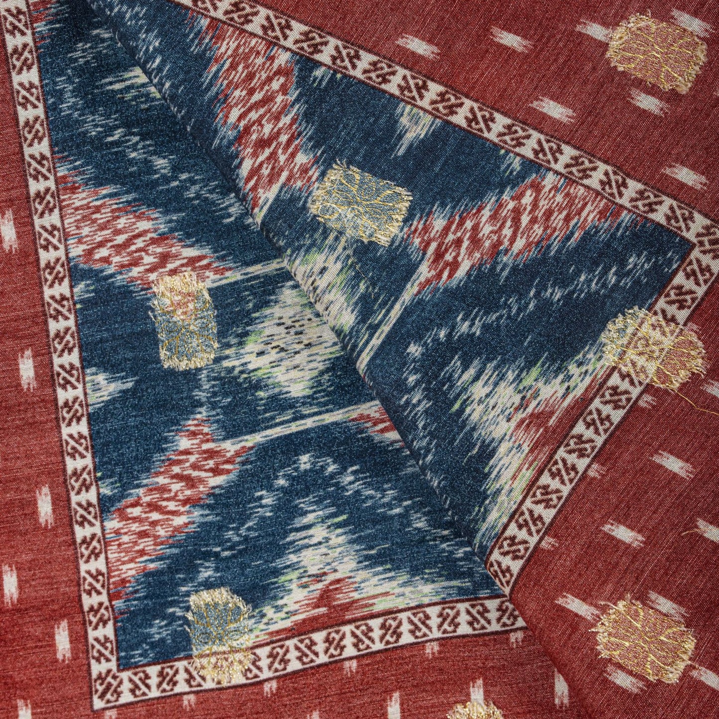 Sanskriti Vintage Dupatta/Stole Blue-Red Cotton Silk Ikat Print-Woven Soft Veil