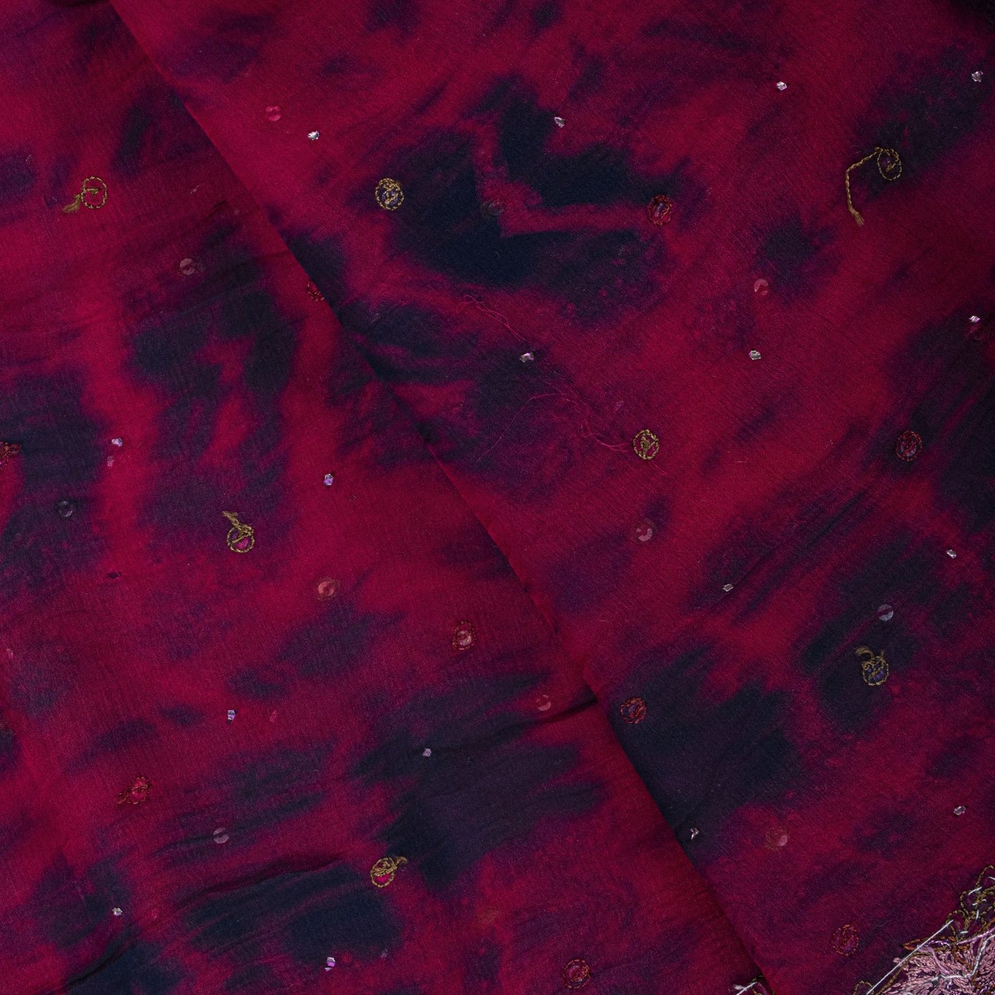 Sanskriti Vintage Dupatta/Stole Wine-Blue Pure Chiffon Tie-Dye Hand Beaded Veil