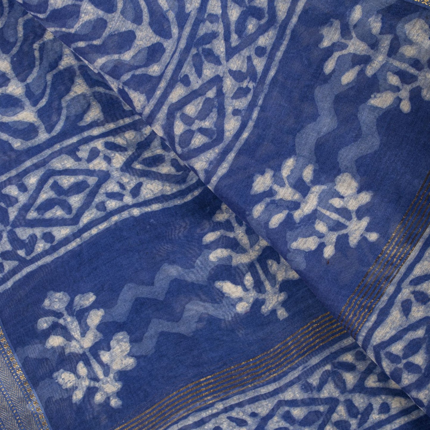Sanskriti Vintage Dupatta/Stole Blue Cotton Silk Batik Work Chanderi Zari Veil